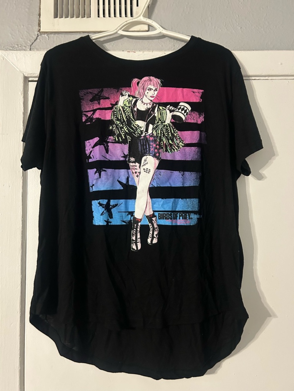 Black Graphic Women’s Tee with Pink & Blue Artwork - Birds of Prey Inspired